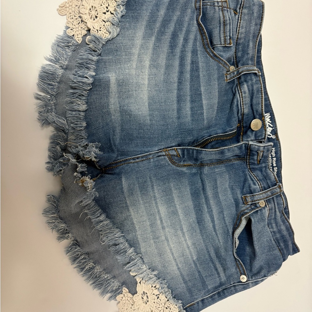 Wrangler Light Blue Frayed Crochet Trim Jean Shorts